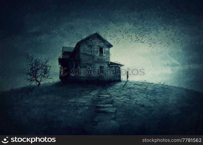 Thrilling painting with a lone person near a haunted house. Ghost land, sullen and dark atmosphere with a dead tree and multiple bats flying from the abandoned home