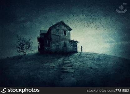 Thrilling painting with a lone person near a haunted house. Ghost land, sullen and dark atmosphere with a dead tree and multiple bats flying from the abandoned home