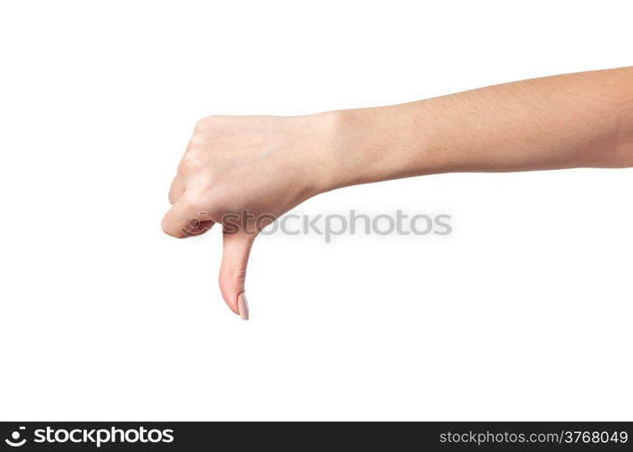 Thumb down Female hand sign isolated on a white bakground