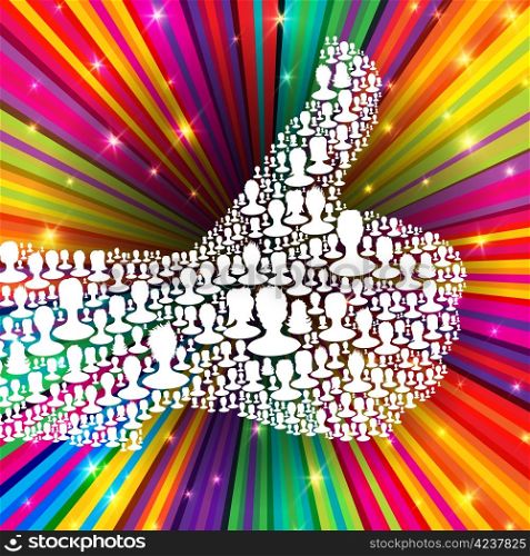 Thumb up symbol on colorful rays background. Composed from many people silhouettes. Vector illustration, EPS10