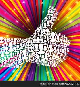 Thumb up symbol on colorful rays background. Composed from many people silhouettes. Vector illustration, EPS10