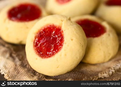 Thumbprint Christmas cookies filled with strawberry jam, photographed with natural light (Selective Focus, Focus diagonally through the cookie)