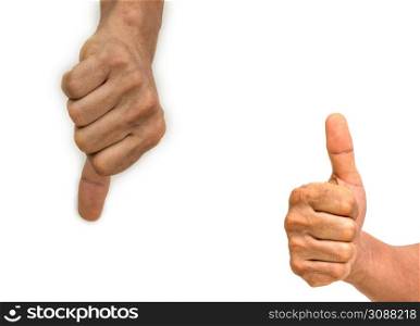 Thumbs up and thumbs down on white background