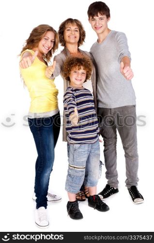 Thumbs-up family against white background.
