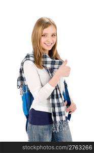 Thumbs up student teenager woman with shoolbag on white