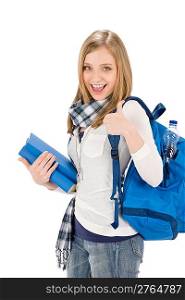 Thumbs up student teenager woman with shoolbag on white