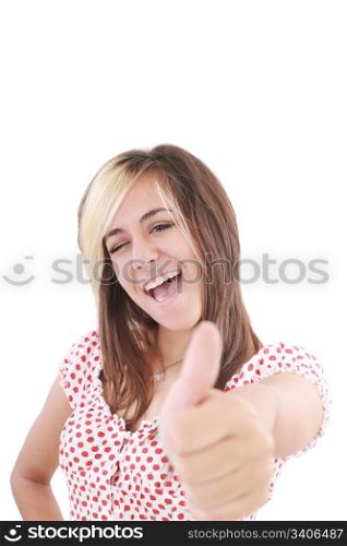 Thumbs Up! Studio partrait of young business woman showing OK sign, looking at camera and smiling. Isolated on white background
