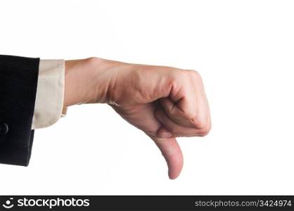 Thump down, man has a suit sleeve, white isolated background.