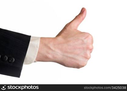 Thump up, man has a suit, white isolated background.