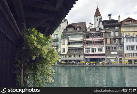 Thun city and river in Aare, Switzerland - 23 july 2017