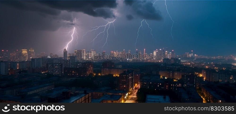 thunder and lightning in the night sky of the city generative ai.