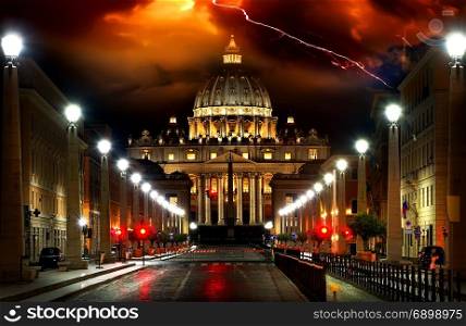 Thunder, lightning, storm over the Vatican Rome Italy. Storm over the Vatican