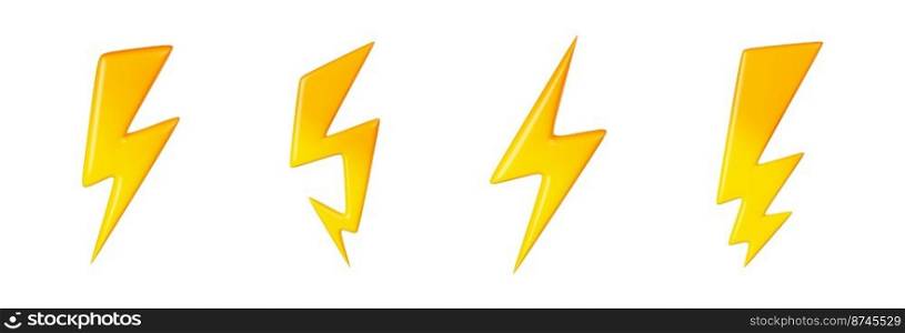 Thunderbolt icons. Yellow signs of energy, electric power, battery charge, speed, storm, shock with lightning symbols isolated on white background, 3d render illustration. Thunderbolt, lightning icons of energy, power