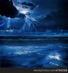Thunderstorm in sea. Image of night stormy sea with big waves and lightning