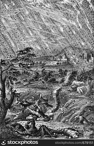 Thunderstorm with hail in ancient Egypt, vintage engraved illustration. From the Universe and Humanity, 1910.