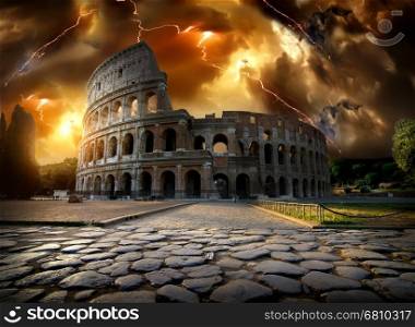 Thunderstorm with lightning over Colosseum in Rome, Italy