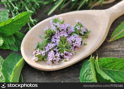 thyme flowers in a wooden spoon surrounded by various herbs