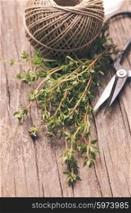 Thyme on the rustic wooden table with rope and scissors, prepared for drying