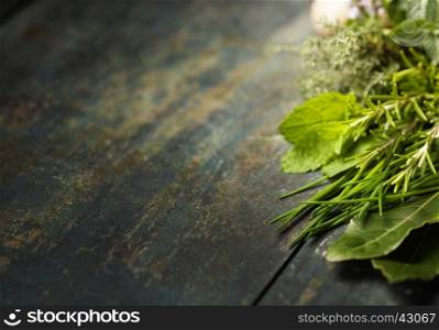 Thyme, Sage, Rosemary, ginger and Oregano on Wooden Board