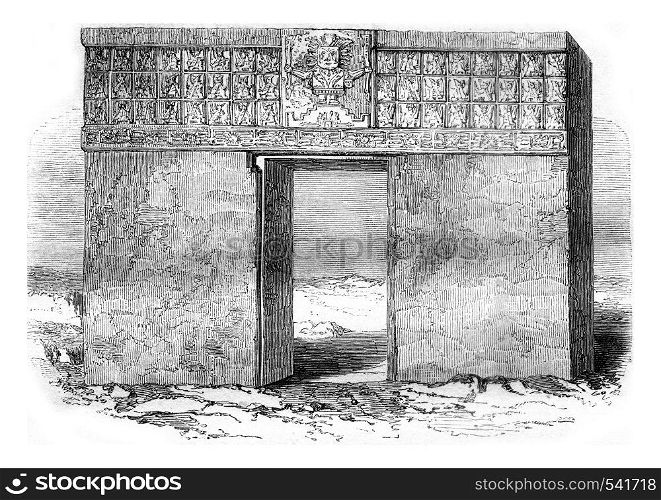 Tiahuanaco monolithic gate, By the lake of Chiquito, in Peru, vintage engraved illustration. Magasin Pittoresque 1858.