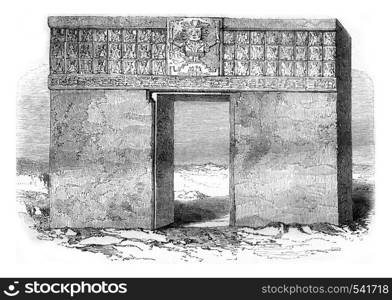 Tiahuanaco monolithic gate, By the lake of Chiquito, in Peru, vintage engraved illustration. Magasin Pittoresque 1858.