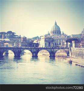 Tiber river and Basilica di San Pietro in Rome. Retro style filtred image