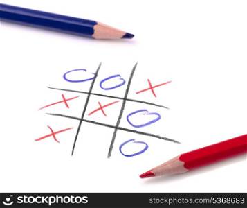 Tic tac toe game and two pencil on white page