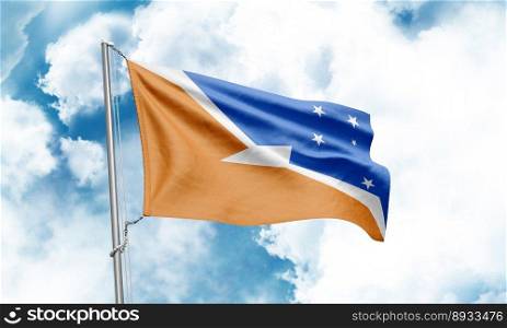 Tierra del Fuego Province Argentina flag waving on sky background. 3D Rendering