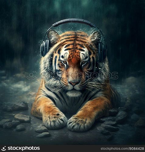 Tiger in Headphones Listening to Music on Rainy Day. Realistic and Detailed Creative Animal Art for Music Album Cover. Generative AI. Tiger in Headphones on Rainy Day. Realistic and Detailed Creative Animal Art for Music Album Cover. Generative AI