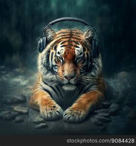 Tiger in Headphones Listening to Music on Rainy Day. Realistic and Detailed Creative Animal Art for Music Album Cover. Generative AI. Tiger in Headphones on Rainy Day. Realistic and Detailed Creative Animal Art for Music Album Cover. Generative AI