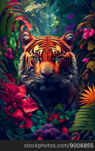 Tiger in the jungle.  Tropical floral seamless background with Tiger.  Generative AI 