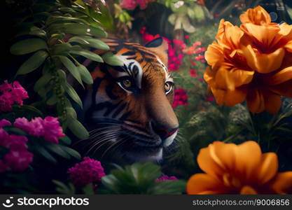 Tiger in the jungle.  Tropical floral seamless background with Tiger.  Generative AI
