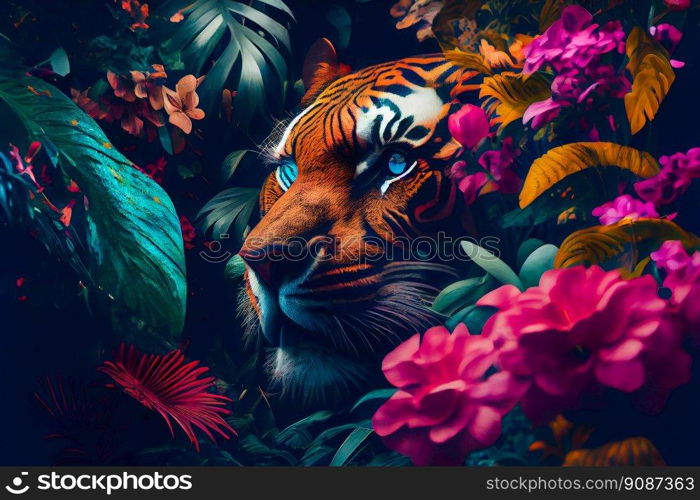 Tiger in the jungle.  Tropical floral seamless background with Tiger.  Generative AI 