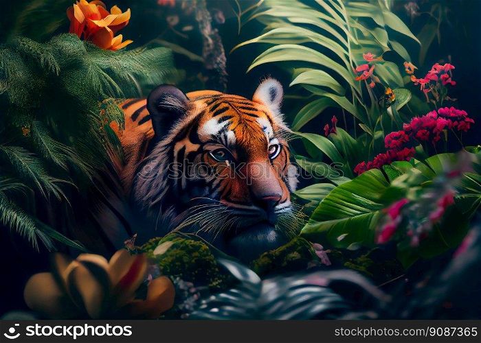 Tiger in the jungle.  Tropical floral seamless background with Tiger.  Generative AI 