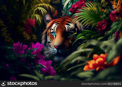 Tiger in the jungle.  Tropical floral seamless background with Tiger.  Generative AI
