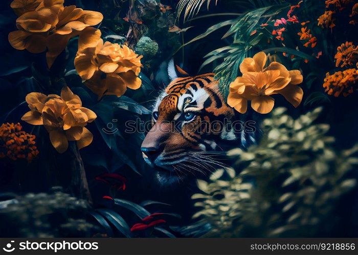 Tiger in the jungle.  Tropical floral seamless background with Tiger.  Generative AI
