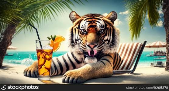 tiger is on summer vacation at seaside resort and relaxing on summer beach
