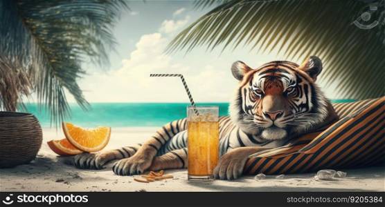 tiger is on summer vacation at seaside resort and relaxing on summer beach