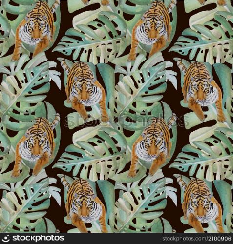 Tiger on monster lives watercolor art design element stock vector illustration
