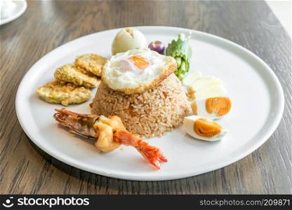 Tiger prawn fried rice with fried egg and salt egg