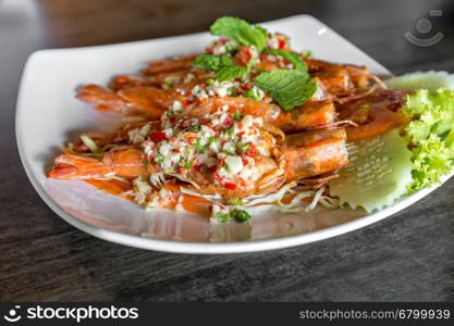 Tiger prawn spicy salad, thai sefood groumet cuisine