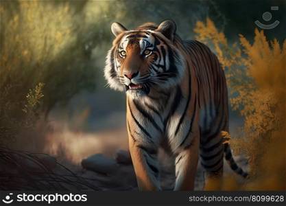 Tiger wild in the jungle. Neural network AI generated art. Tiger wild in the jungle. Neural network AI generated