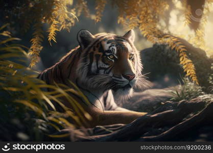 Tiger wild in the jungle. Neural network AI generated art. Tiger wild in the jungle. Neural network AI generated