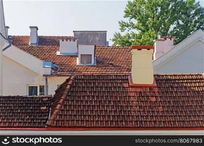 Tiled roofs of houses in Trinity Suburb, old part of Minsk, Belarus