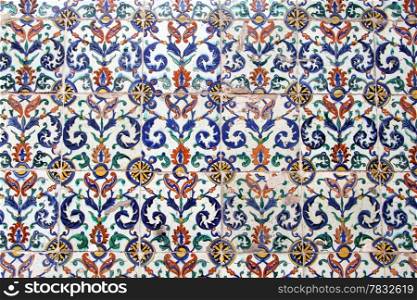 Tiles on the wall with floral design in Topkapi palace in Istanbul, Turkey