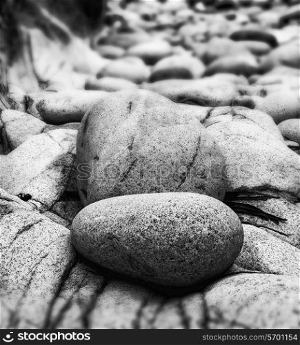 Tilt shift effect image with shallow depth of field textured rocks on beach black and white