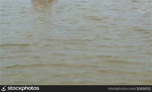 Tilt shot of a woman doing yoga in the water sitting back to the camera
