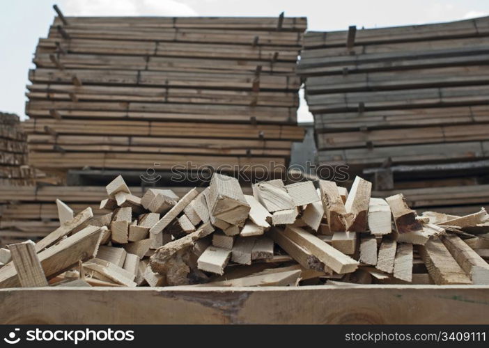 Timber. Planks and beams arranged