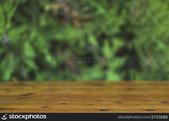 timber tabletop blurred green background