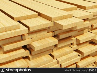 Timberwork, lumber work and woodwork industry concept: macro view of stacks of wooden timber planks